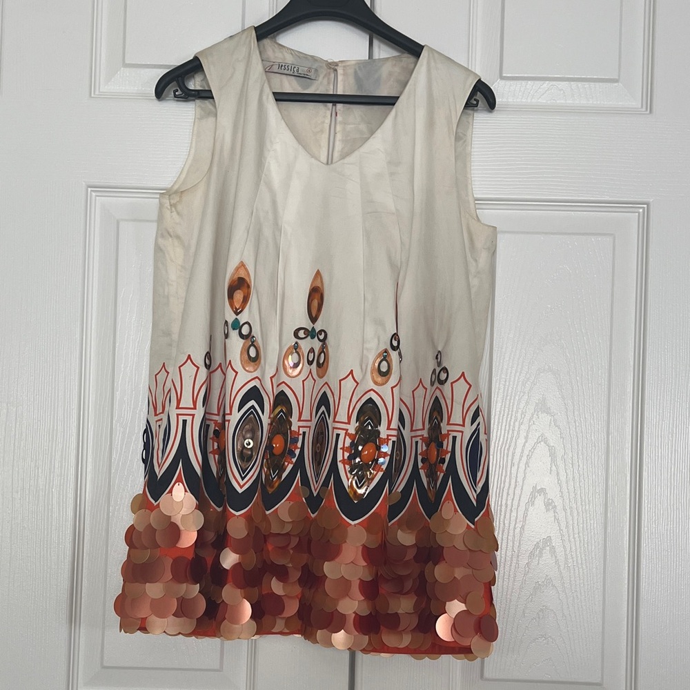 Vintage Cream Blouse with Large Copper Gold Sequin Sparkle Ornate Accent At Hem